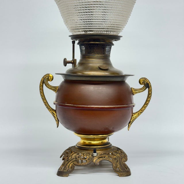 Antique Brass Bradley and Hubbard Parlor Lamp with Glass Shade and Chimney. Height with Chimney 18” Max Width 10” 6”x6”...