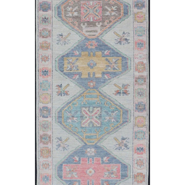 2020s Colorful Modern Oushak Runner With Diamond Medallions and Multi-Tier Border For Sale - Image 5 of 12