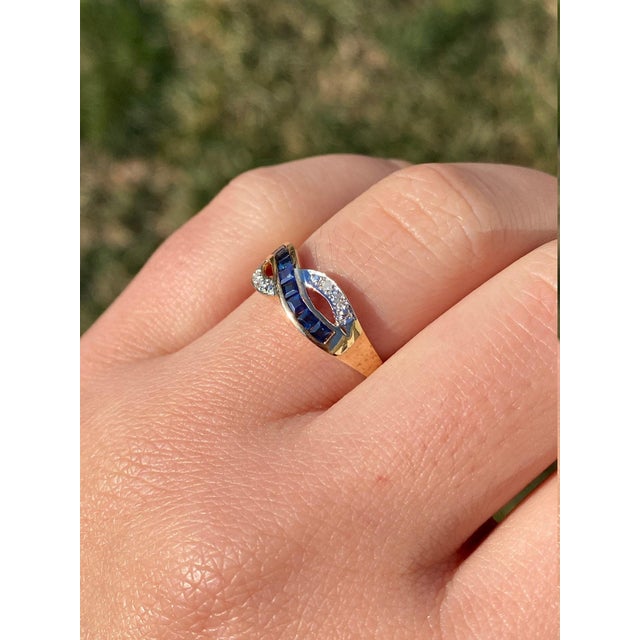 The Lobelville: Ladies Yellow Gold Diamond and Sapphire Crossover Ring For Sale - Image 10 of 10