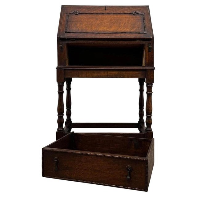 Antique Early 20th Century English Jacobean Oak Bureau For Sale - Image 4 of 14