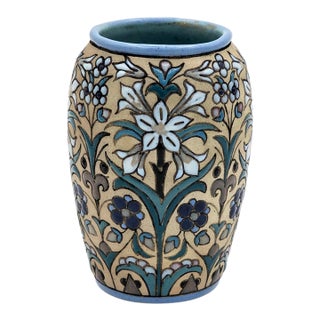 Signed Aguado Toledo Spanish Ceramic Floral Relief Vase For Sale