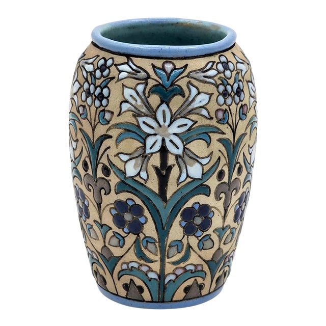 Signed Aguado Toledo Spanish Ceramic Floral Relief Vase For Sale