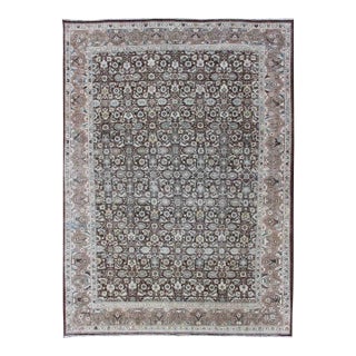 Chocolate Brown Background Antique Persian Tabriz Rug With All-Over Design For Sale
