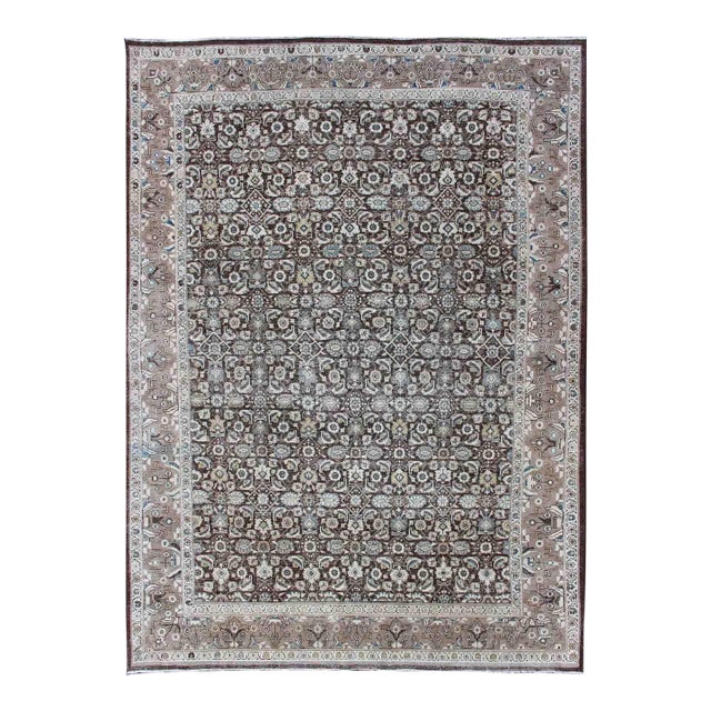 Chocolate Brown Background Antique Persian Tabriz Rug With All-Over Design For Sale