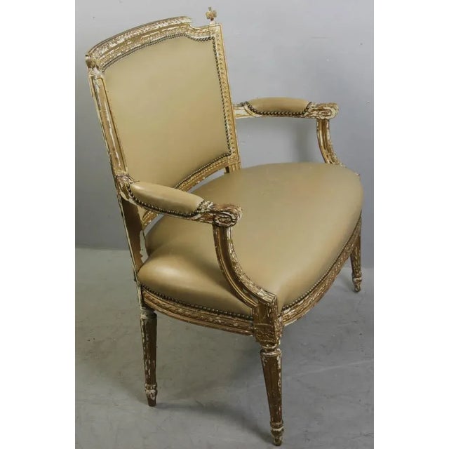 19th-century diminutive size Italian painted classical settee covered in original tan leather with nailheads trim. Perfect...