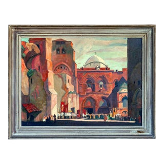 Vintage Oil Painting of European Architecture, Framed For Sale