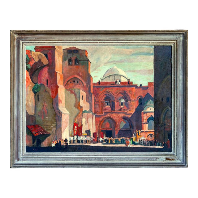 Vintage Oil Painting of European Architecture, Framed For Sale