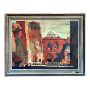 Vintage Oil Painting of European Architecture, Framed
