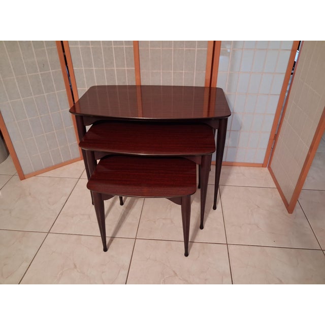 Vintage Mid Century Modern Nesting Tables Set of Three Mahogany With Mahogany Laminate Tops. For Sale - Image 13 of 17