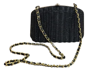 Black Woven / Gold Metal Chain-Strap Wicker Box Purse