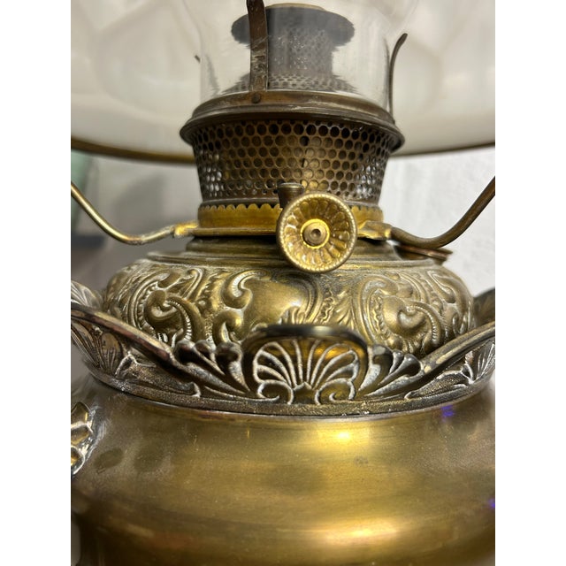 Brass Antique Victorian Bradley & Hubbard Oil Lamp With White Milk Glass Shade For Sale - Image 8 of 9
