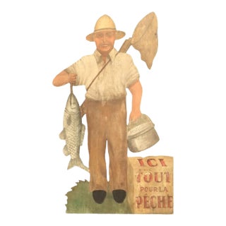 Large 1940s French Fishing Shop Sign Cabin Art Painting on Wood For Sale