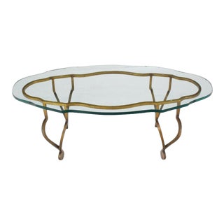 1970s Mid-Century Modern Oval Glass Gold Wrought Iron Base Coffee Table For Sale