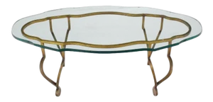 1970s Mid-Century Modern Oval Glass Gold Wrought Iron Base Coffee Table
