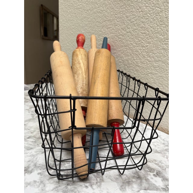 Vintage Rustic Wood Set of Assorted Rolling Pins, Set of Six With Black Metal Basket For Sale - Image 9 of 10