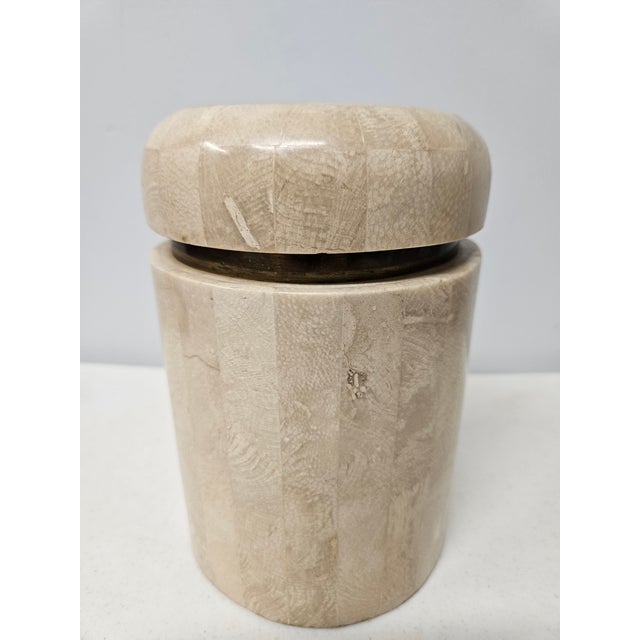 Mid-Century Modern Lidded Tessellated Stone and Brass Jar -Trinket Box For Sale - Image 3 of 16