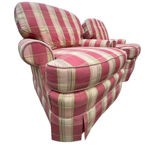 A Pair of Custom Pink Plaid Pleated Skirt Lounge Chairs With Rolled Arms For Sale - Image 10 of 18