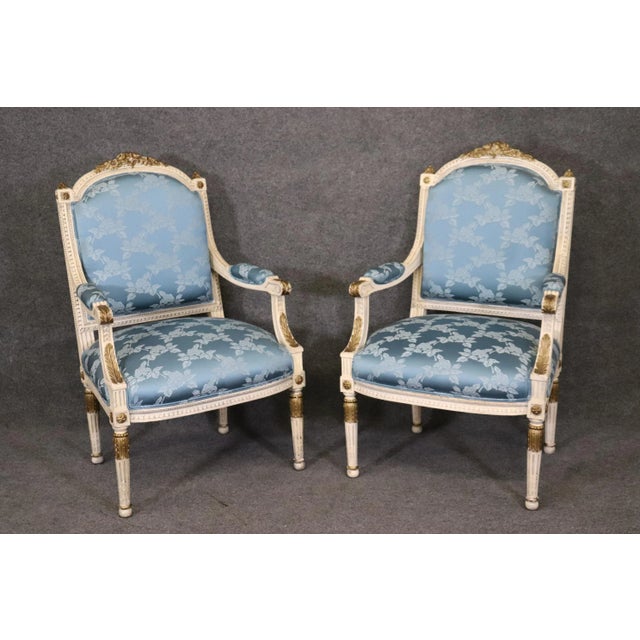 1940s French Carved Painted and Gilded Armchairs Blue Silk - A Pair For Sale - Image 5 of 12