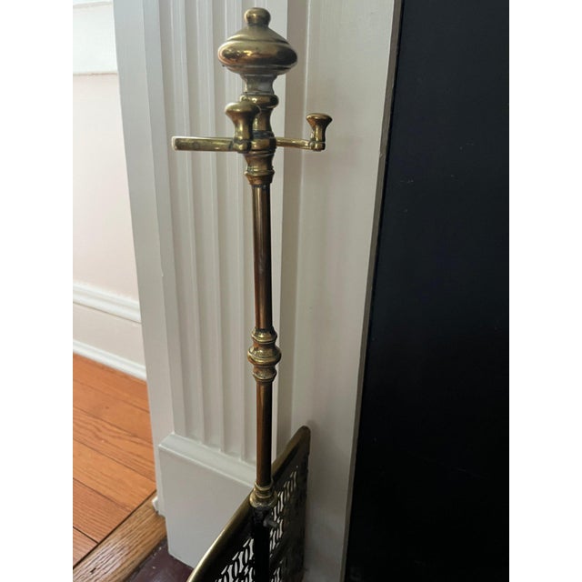 Metal Mid‑Century Brass Pierced Fireplace Fender + Andirons & Tool Set- 6 Pieces For Sale - Image 7 of 12