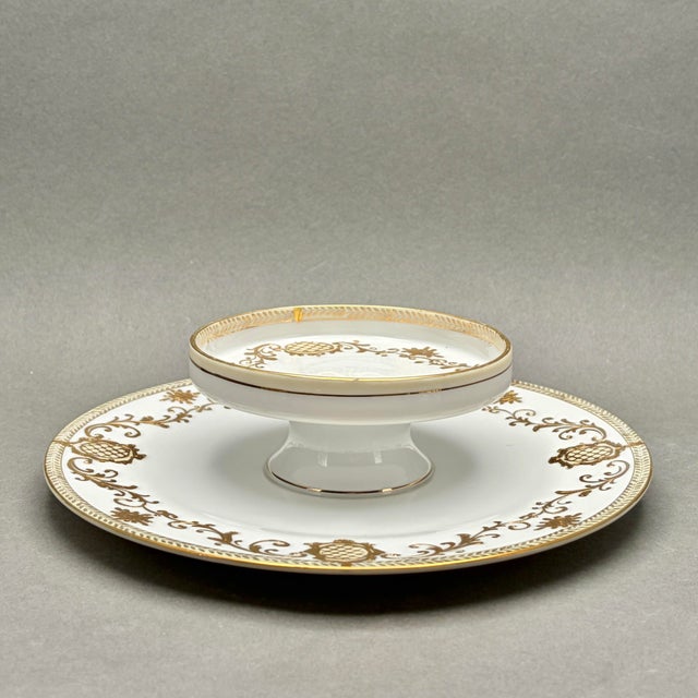 Traditional Vintage Nippon Hand Painted Porcelain Tiered Tidbit Tray With Gold Filigree and Lattice Design For Sale - Image 3 of 8