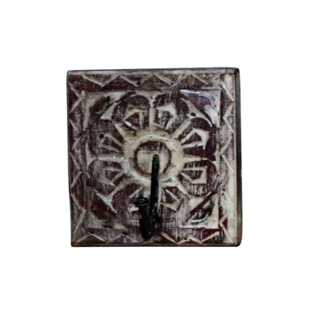 Far Pavilions Hand Carved Mango Wood Wall Hook | Rustic Entryway Coat Rack | Antique Distressed Boho Mudroom Peg | Unique Bathroom Towel Hanger Decor For Sale - Image 4 of 6