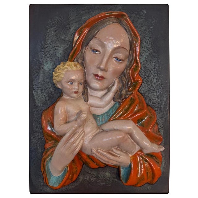 Art Deco Ceramic Madonna and Child Wall Relief from Keramos Wien, 1920 For Sale - Image 12 of 12