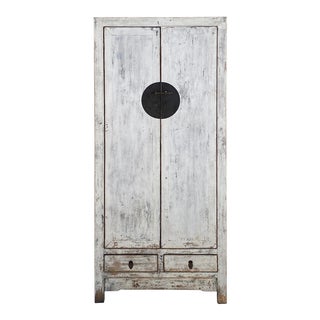 Oriental Distressed Rough Off White Slim Storage Cabinet For Sale