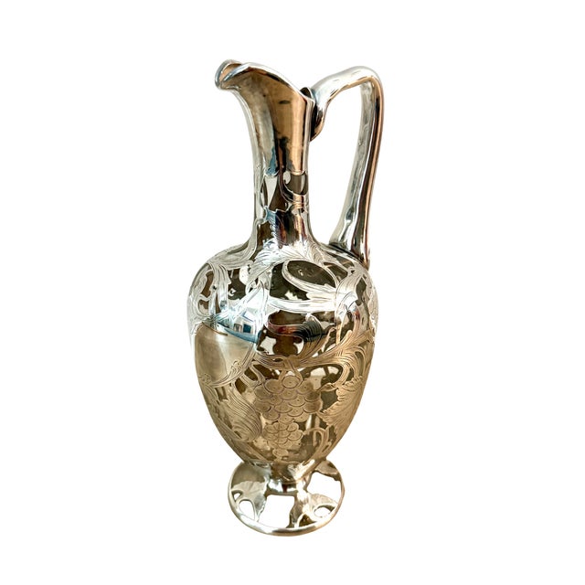 Circa 1900 Sterling Silver Overlay Glass Pitcher With Grapevine Design For Sale - Image 4 of 4