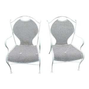 1950s Pair True White Woodard Mesh Arm Chairs Clean Cushions