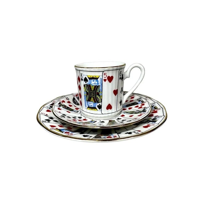 White 1980s Elizabethan Staffordshire Fine Bone China Playing Cards Pattern Demitasse Tea Cup, Saucer and Snack Plate - 18 Piece Set - Made in England For Sale - Image 8 of 10