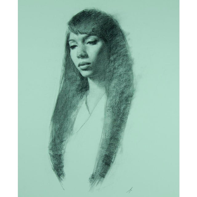 N.Z. by Mark Bradley Schwartz | Charcoal on paper portrait of a woman with long hair For Sale