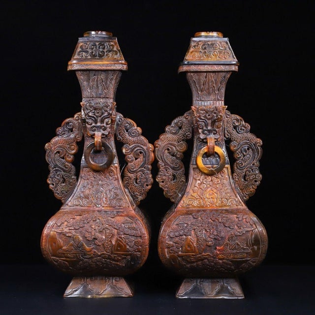 1930s Carved Horn "Landscape & Figure" Vase With Beast-Head Ring Handles — Detailed Relief For Sale In Los Angeles - Image 6 of 10