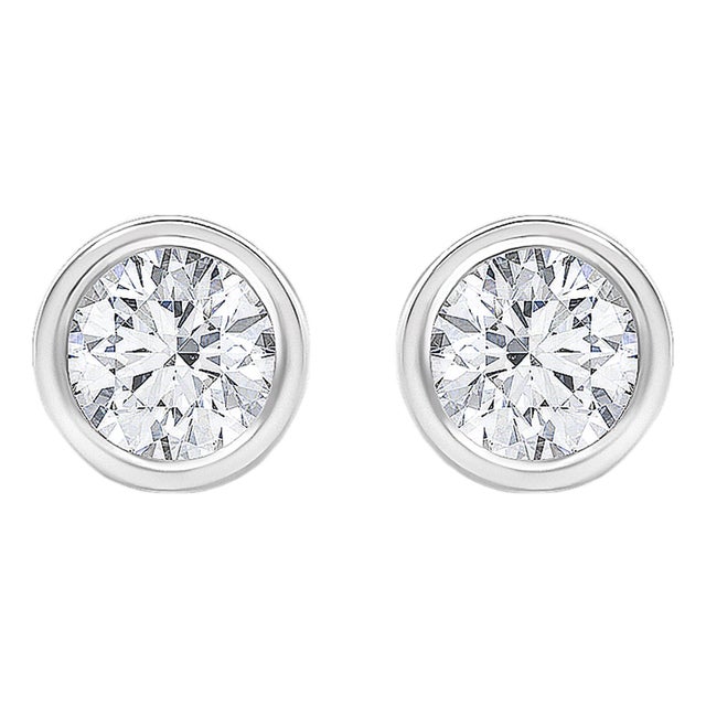 14K White Gold 1/2 Cttw Lab Grown Diamond Bezel Solitaire Stud Earrings For Sale