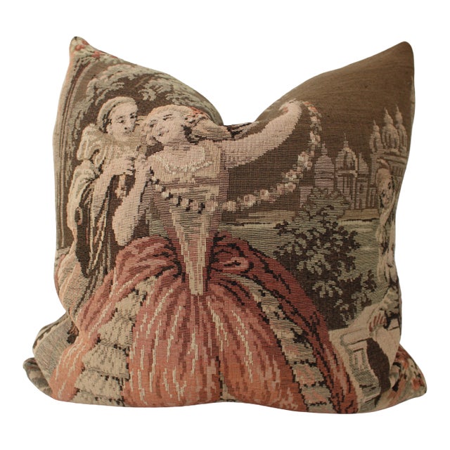 19thC. Custom Toile Tapestry Pillow 24" X 24" Feather Down Insert For Sale