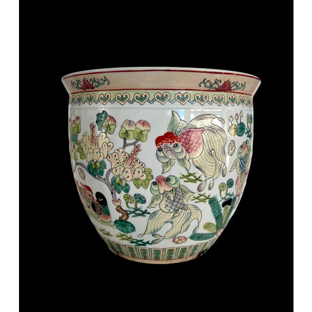 Chinoiserie Large Chinese Porcelain Lotus Pond White Enamelled Planter / Jardiniere, Goldfish, Ducks and Flowers (Republic Period) For Sale - Image 3 of 15