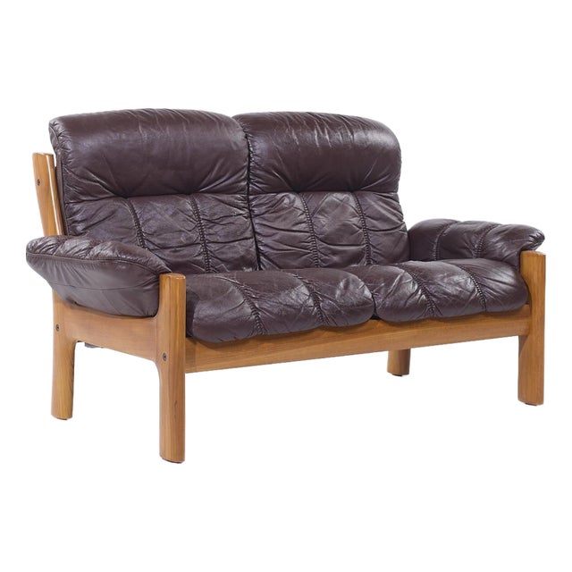 Ekornes Mid Century Danish Teak Leather Loveseat For Sale