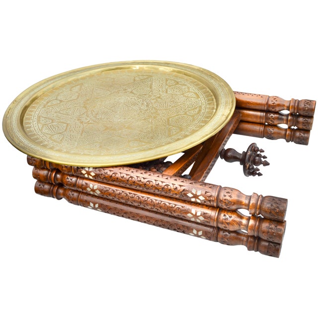 Early 20th Century Early 20th Century Moorish-Patterned Brass Tray Table W/ Inlaid Wooden Base For Sale - Image 5 of 10