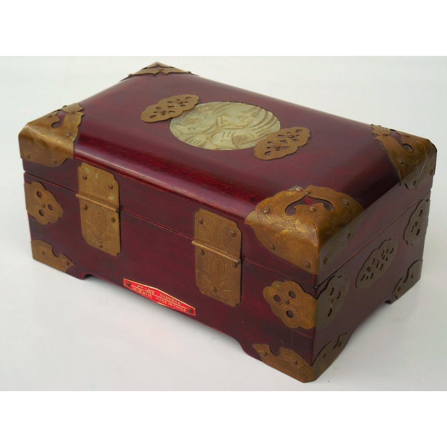 Chinese Vintage Chinese Rosewood Jewelry Box With Brass Fittings and Carved Jade Inlay For Sale - Image 3 of 7