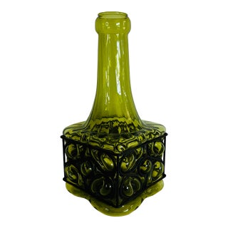 Vintage 1960s Olive Green Glass and Iron Cased Square Vase For Sale