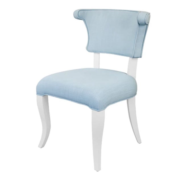 Contemporary Matthew Izzo Home Eloise Light Blue Performance Linen and Matte White Lacquer Round Back Dining Chair For Sale - Image 3 of 9