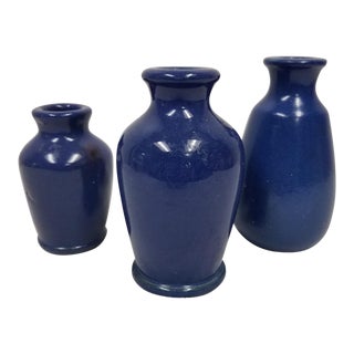 1920s Vintage Ronuk Cobalt Blue Pottery Jars - Set of 3 For Sale