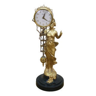 Japanese Linden Art Nouveau Swinging 8 Day Diana Statue Desk Clock 14" For Sale