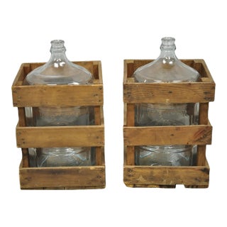 Vintage Great Bear Clear 5 Gallon Glass Carboy Jug in Wooden Crate - Pair For Sale