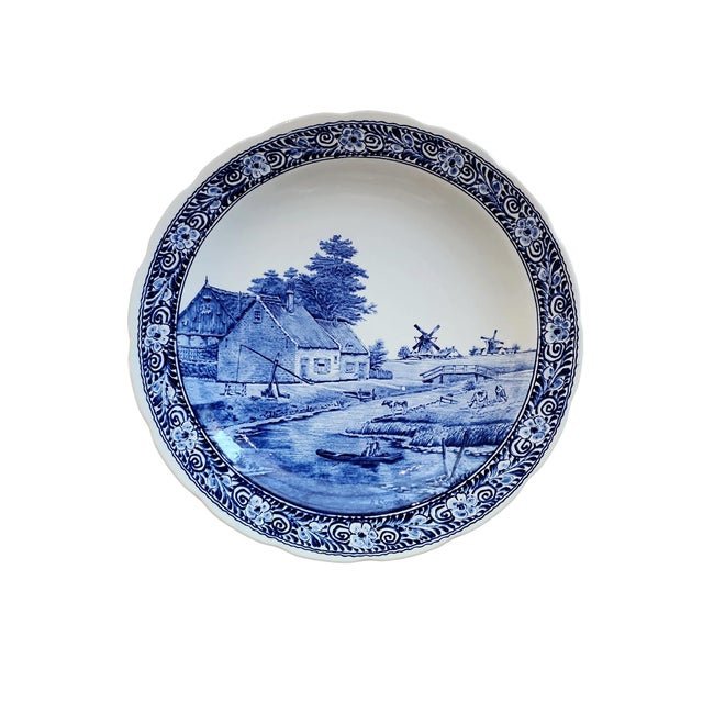 Boch La Louviere Vintage Pair of Boch Belgium Delft Large Cabinet Plates For Sale - Image 4 of 6