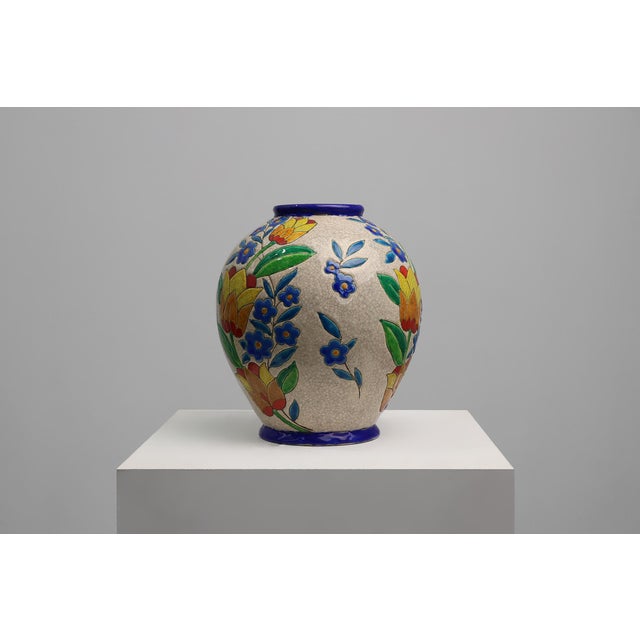 Art Deco Crackle Glazed Vases with Polychrome Floral Design by Charles Catteau for Boch Keramis, Belgium 1930s For Sale - Image 3 of 11
