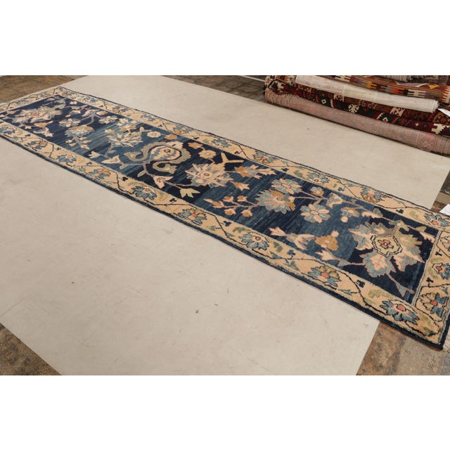 Traditional Hand-Knotted Traditional Mahal Floral Vintage Persian Runner in Blue and Yellow For Sale - Image 3 of 9