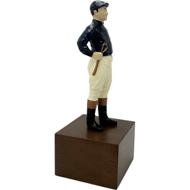 Details: -Vintage equestrian navy blue jockey bookend -Jockey painted deep navy blue with matching helmet, white pants, a...