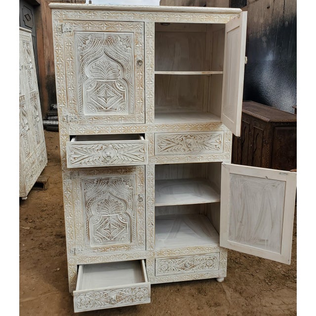 Moroccan White Wash Moroccan Handmade Carved Wooden Armoire / Berber Style For Sale - Image 3 of 5