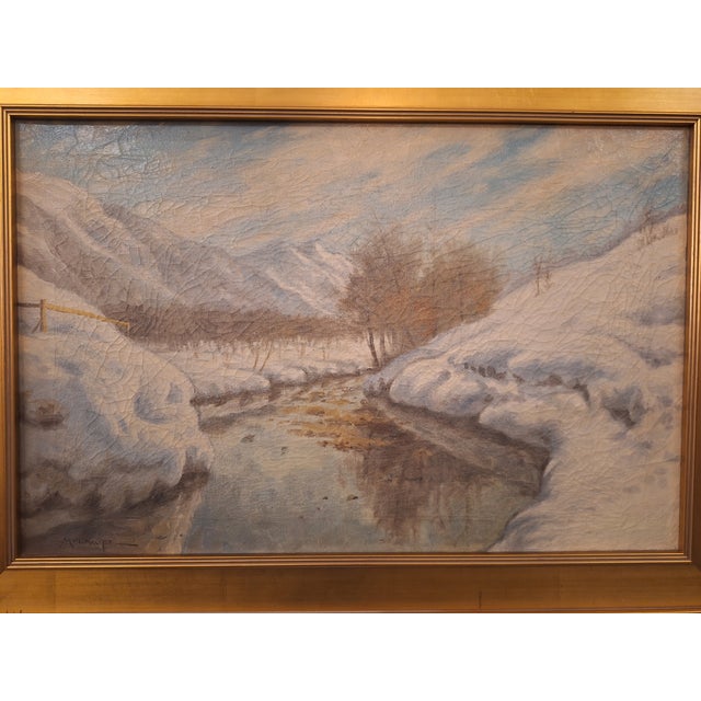 Signed mulhaulp oil painting on canvas depicting a winter snow scene. It does have crackling as you can see by the photos...