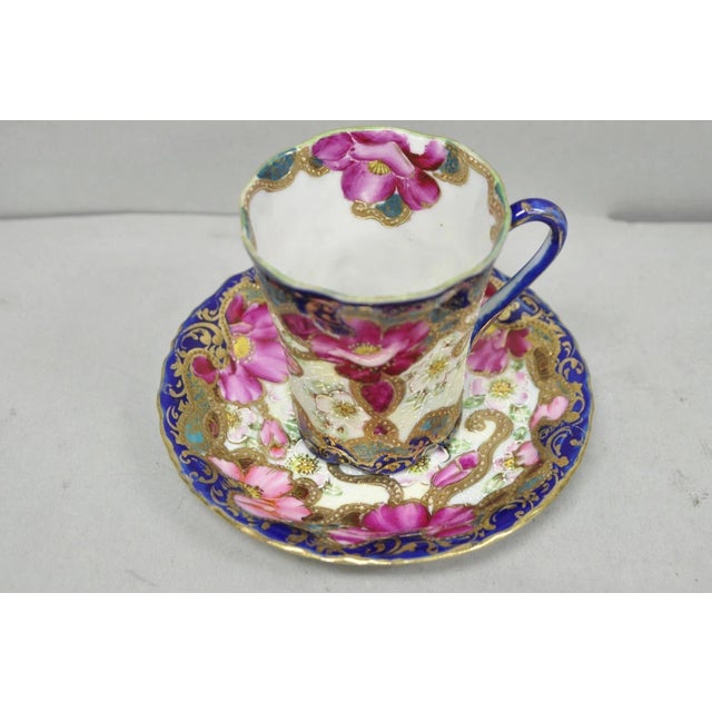Antique Victorian Hand Painted Porcelain Handled Teacup and Saucer Cobalt Blue & Roses w/ Draped Raised Gold Trim. Circa...